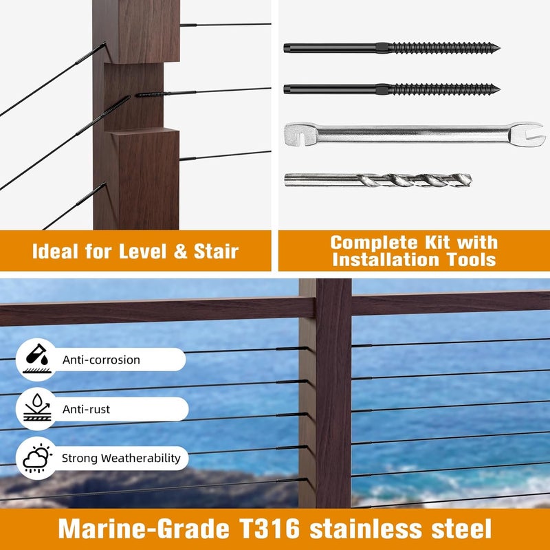 CELYND Swage Lag Screws for Cable Railing - 120 Pack Black T316 Stainless Steel Left and Right Handed Thread - 1/8" Cable Railing Hardware Kit for Deck Stair Wood Post Railing System - Image 3